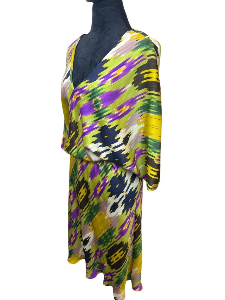 Josie Natori Silk Abstract Print Dress Sz L Dolman Sleeve V-Neck Elastic Waist — image 4 of 8
